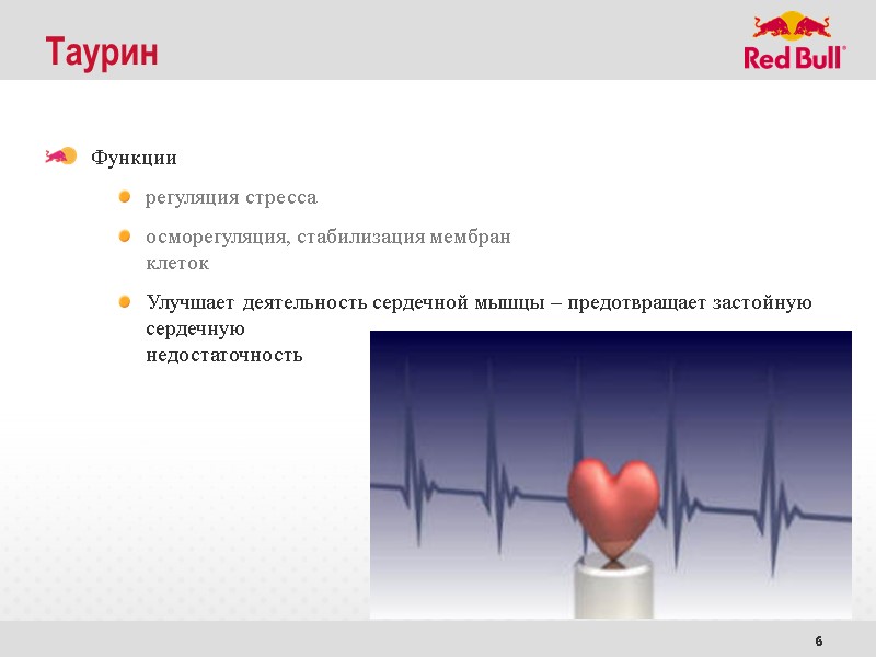 6 Таурин Функции регуляция стресса осморегуляция, стабилизация мембран  клеток Улучшает деятельность сердечной мышцы
